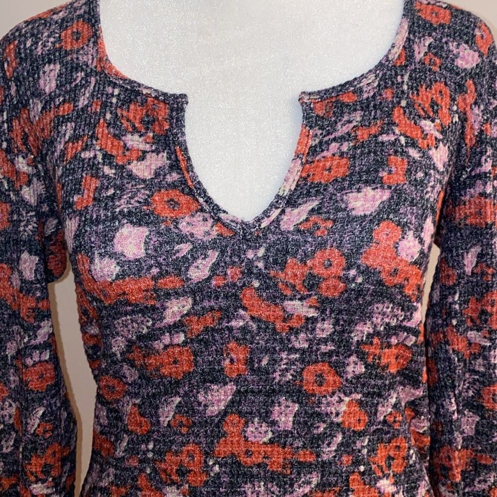 Free People Ciara Printed Floral Waffle Knit Top - Black Combo - Picture 2 of 12